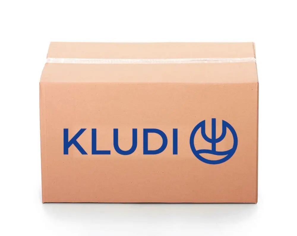 Brauner Karton mit dem Logo von Kludi in blauer Schrift auf der Vorderseite. Der Karton ist ungeöffnet und auf einem weißen Untergrund platziert.